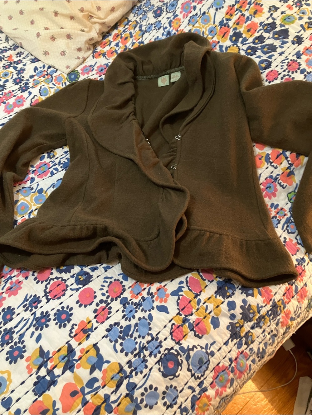 Anthropologie Olive Brown Ruffle-Trim Cardigan